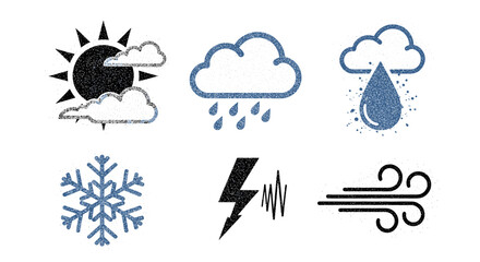 Weather icons depicting sun with clouds rain snowflake lightning and wind in a graphic format image