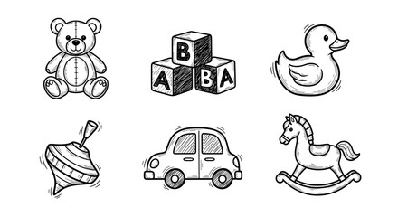 Illustration of teddy bear, blocks, duck, spinning top, car, and rocking horse toys in black and white