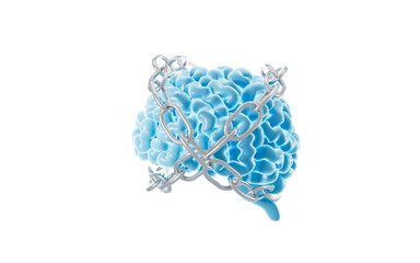 The human brain is entangled in chains, The concept of solidified thinking, 3d rendering.