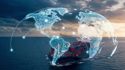 Container ship navigating through ocean waters with digital world map overlay illustrating global trade - Powered by Adobe