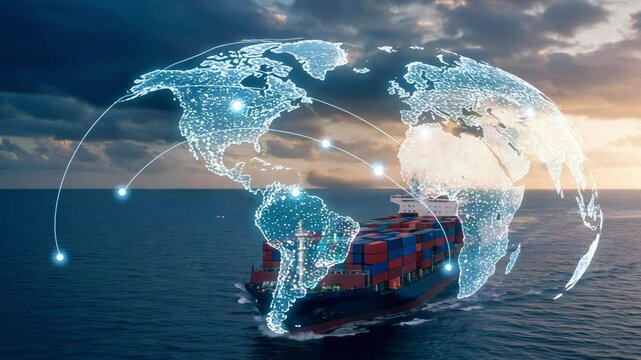 Container ship navigating through ocean waters with digital world map overlay illustrating global trade - Powered by Adobe