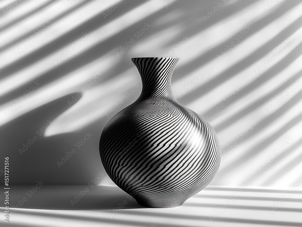 Poster striking monochrome vase with dynamic striped pattern and cast shadow display