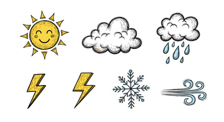 Illustration of weather icons including sun cloud rain lightning snowflake and wind symbols shown