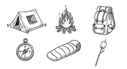 Illustration of camping equipment including a tent campfire backpack compass and sleeping bag with marshmallow