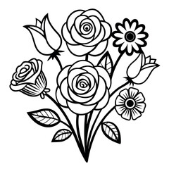 Elegant Line Art Floral Bouquet Roses, Tulips, and Daisies