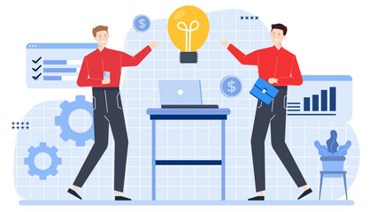 Two men in deep conversation, brainstorming ideas and planning strategy for business project. Suitable for presentations, business articles, blog posts.