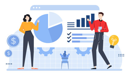 Two businesspeople showing data visuals for a presentation. Suitable for business meetings, reports, financial analysis, and teamwork concepts.