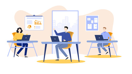 Three people working at desks with laptops. Suitable for office, business, teamwork, collaboration, remote work, technology concepts.