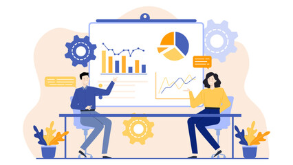 Two people analyzing presentation data. Suitable for business reviews, financial reports, teamwork discussions, corporate presentations, data analysis concepts.