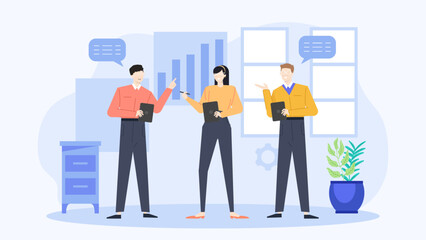 Three colleagues discussing work using tablets in a modern office setting. Perfect for business presentations, teamwork concepts, and technology themes.