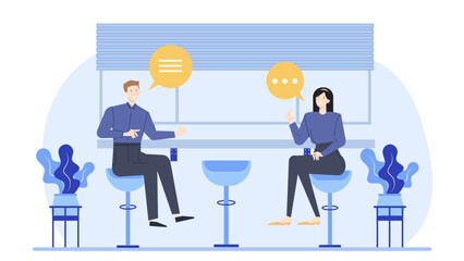 Two people converse at a cafe with speech bubbles. Ideal for communication, dialogue, discussion, socializing, cafe scene, and advertising concepts.
