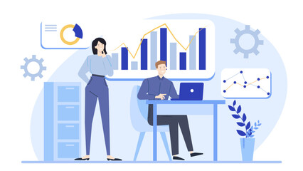 Woman assists man using laptop, teamwork concept, modern workplace, collaboration, technology, remote work, co-working space, professional setting, teamwork illustration.