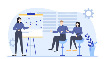 Woman presenting a chart to two colleagues for business meeting. Professional teamwork, office discussion, corporate presentation, project planning concepts.