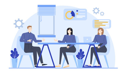 Three people in a business meeting, discussing ideas at a table. Suitable for office, teamwork, collaboration, and brainstorming concepts.