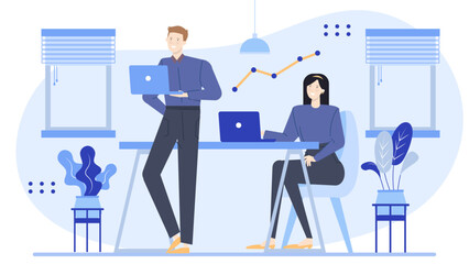 Two people working at a desk with laptops. Suitable for office, teamwork, technology, remote work, co-working, business, collaboration concepts.