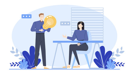 Man holding light bulb talks to woman at table, discussing ideas. Great for business, innovation, teamwork, communication, brainstorming concepts.