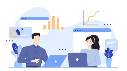 Two people on a video call with laptops and charts. Suitable for remote work, online meetings, digital communication, business collaboration.