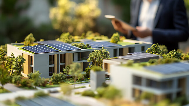Architect reviewing a sustainable building model with solar panels and greenery - Powered by Adobe