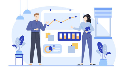 Two people discussing a graph on a whiteboard, suitable for business presentations, educational materials, teamwork concepts, and data analysis.
