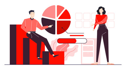 Two people analyzing and discussing business charts, ideal for presentations, reports, websites, and articles related to finance, strategy, and planning.