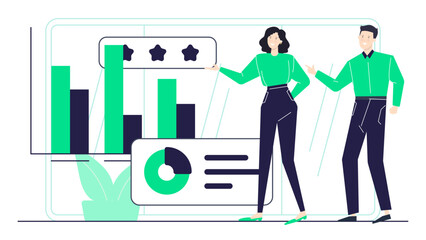 Data analysis teamwork concept, two individuals studying graphs and charts. Suitable for presentations, business reports, financial analysis, and teamwork illustrations.