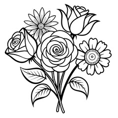 Elegant Line Art Floral Bouquet Roses, Daisies, and Delicate Blooms