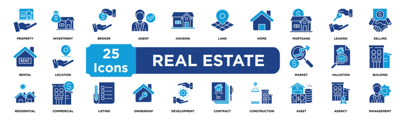 Real Estate icon collection set. Containing property,investment,broker,agent,housing,land,home,mortgage,leasing,selling icon. Solid vector icons collection