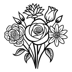 Elegant Line Art Floral Bouquet Roses, Tulips, and More