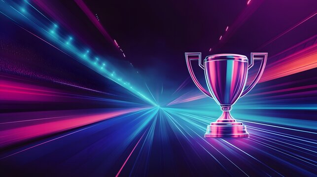 Award trophy in a vibrant neon tunnel.