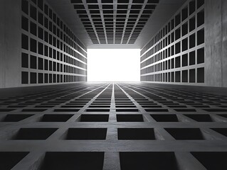 Geometric perspective architecture, leading to a bright luminous rectangular outlet