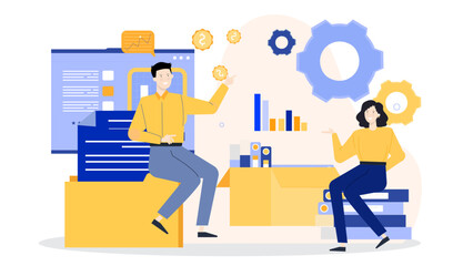 Two people discussing a project in an office setting, suitable for business presentations, marketing materials, teamwork concepts, and corporate websites.