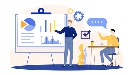 Two men in an office discussing data on a whiteboard. Suitable for business presentations, teamwork concepts, office environments, and brainstorming.