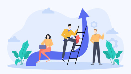 Fototapeta premium Three people collaborating on a blue arrow suitable for teamwork, leadership, progress, and business concepts in presentations and designs.