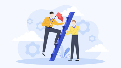Two men climbing a blue ladder, working together, teamwork, progress, growth, improvement, success, achievement, determination, ambition, support, partnership.