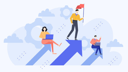 Three people climbing an upward arrow with gears suitable for teamwork, progress, innovation, success concepts in business presentations, and design projects.