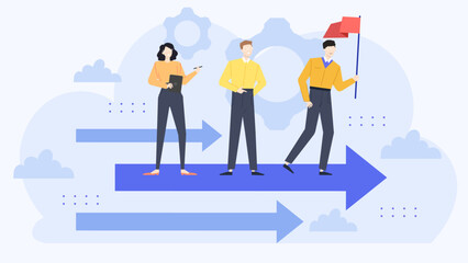 Fototapeta premium Three people on arrows pointing forwards. Team success, progress, career development, business growth, goal achievement concept. Leadership and motivation.