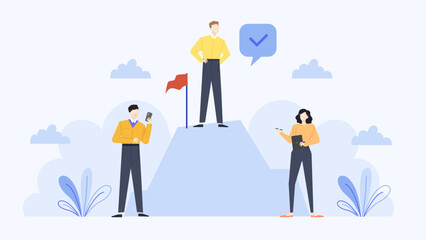 Three people on a mountain peak with a red flag, symbolizing achievement, teamwork, success. Suitable for motivation, victory, and leadership concepts.