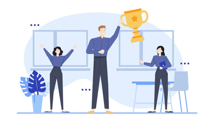 Group of people celebrating with a trophy, plant, and chair in a modern office setting. Perfect for business success concepts.
