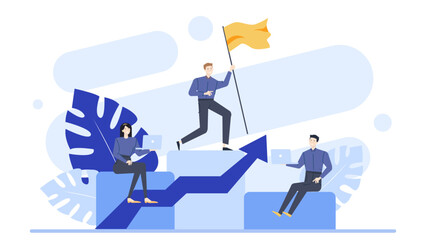 Three people collaborating on a blue arrow, suitable for teamwork, success, growth, business, achievement, strategy, leadership, progress concepts.