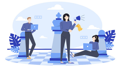Three people posing on checkered floor by blue chess piece. Suitable for chess related themes, strategy concepts, teamwork illustrations, and business visuals.