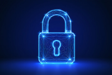 Abstract blue neon padlock digital security concept