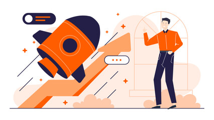 Man in an orange shirt next to a launching rocket. Ideal for science, technology, space exploration, and career advancement concepts.