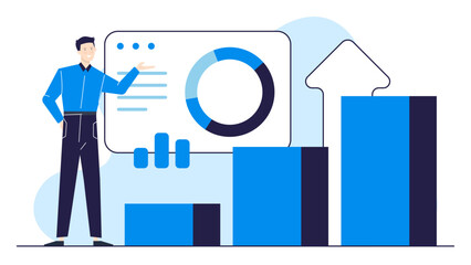 Man presenting data with a chart and graphs suitable for business presentations, financial reports, analytics articles, marketing materials, educational content.