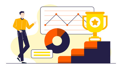 Man pointing at trophy on steps, motivation, success concept, achievement, award recipient, reaching goals, competitive spirit, recognition, winner announcement.