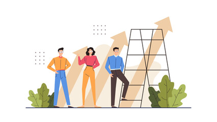Three people in front of arrows and ladder, symbolizing direction, growth, and teamwork. Suitable for leadership and motivation concepts.
