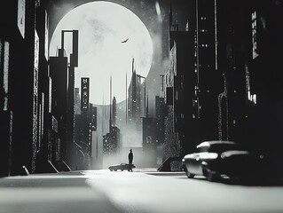 Monochromatic cityscape with vintage cars under a giant moon glow at night