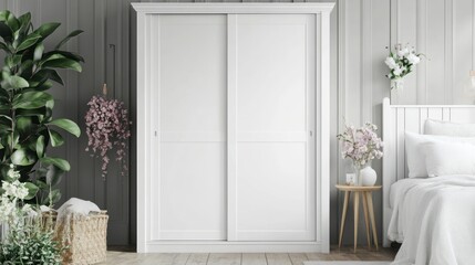 White sliding wardrobe in a bedroom with light d?cor.