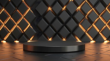 Dark geometric platform with glowing accents.