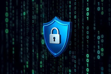 Cyber security shield with padlock in digital matrix