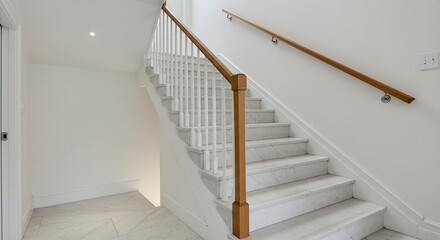 Fototapeta premium Front view of modern marble stairs, wooden railing and white walls.